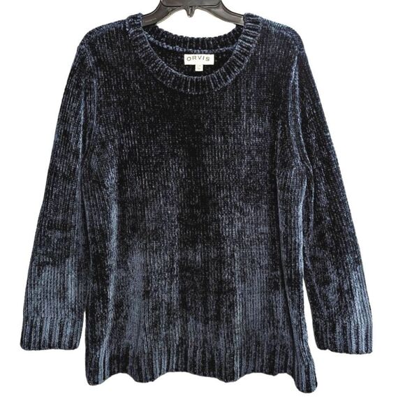 Orvis Dark Teal Blue Chenille ribbed soft fuzzy knit crewneck sweater womens XL - Picture 3 of 6